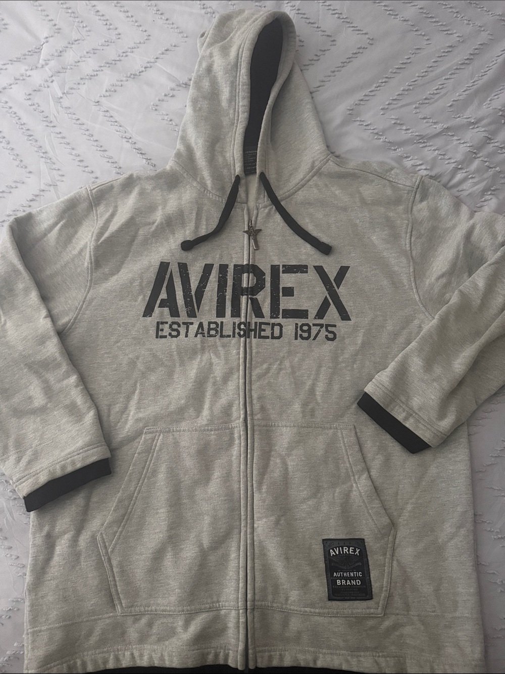 Avirex Light Gray Zip Hoodie with Black Accents